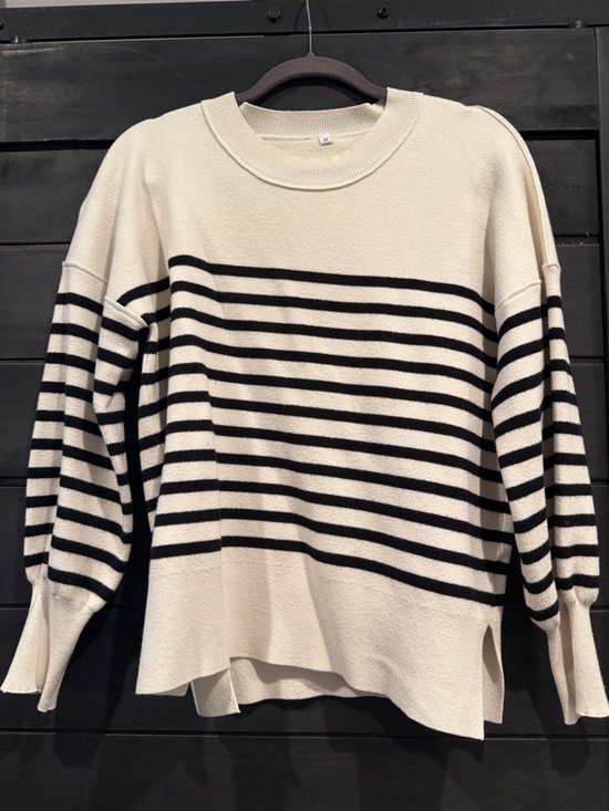 Sweaters - Striped Cream and Black Crewneck Sweater - Women's